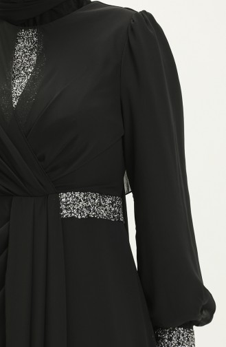 Embroidered Detail Evening Dress 52869-01 Black 52869-01