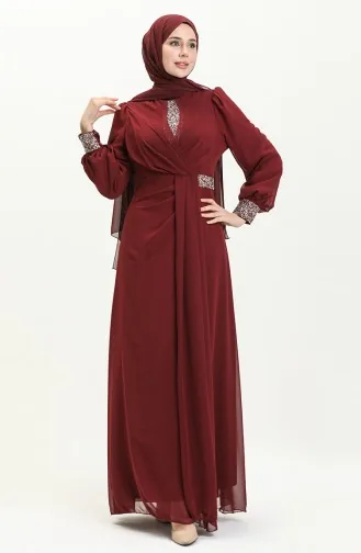 Robe de Soirée Détaillée Brodée 52869-02 Bordeaux 52869-02