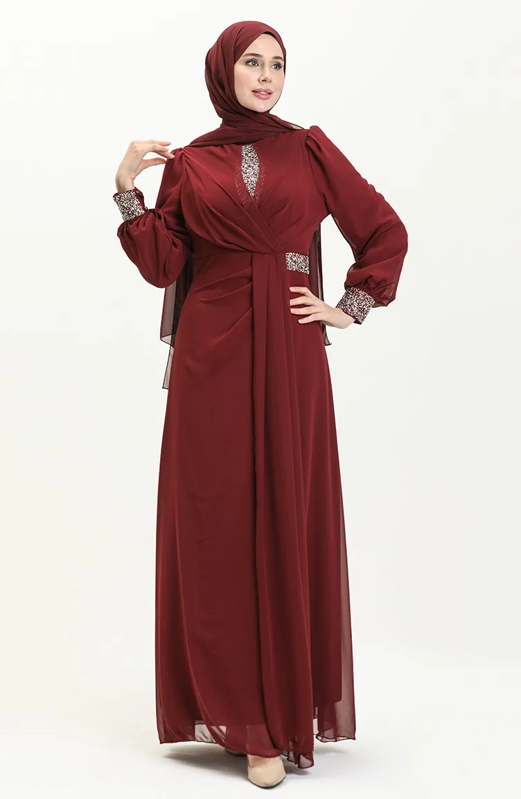 Robe de Soirée Détaillée Brodée 52869-02 Bordeaux 52869-02