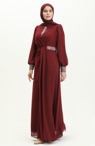 Robe de Soirée Détaillée Brodée 52869-02 Bordeaux 52869-02