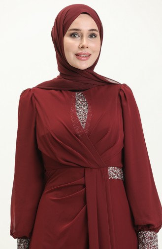 Robe de Soirée Détaillée Brodée 52869-02 Bordeaux 52869-02