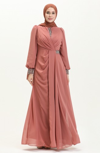 Robe de Soirée Détaillée Brodée 52869-03 Rose Pâle 52869-03