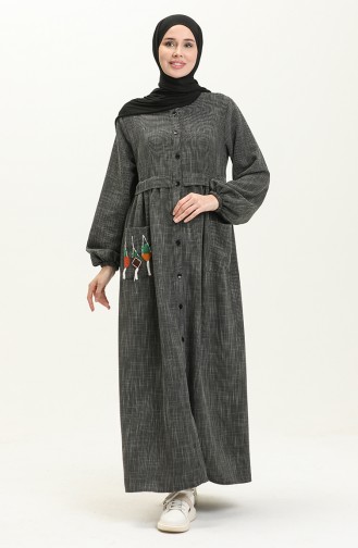 Nakışlı Boydan Düğmeli Elbise 24Y8948-02 Siyah