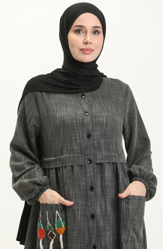 Nakışlı Boydan Düğmeli Elbise 24Y8948-02 Siyah