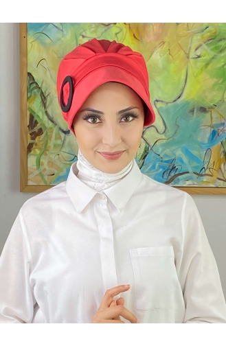 قبعة حجاب بيضاء سادة بإبزيم SBT26SPK6-02 أبيض وأحمر 26SPK6-02