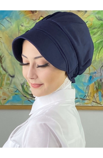 Tokalı Düz Beyaz Tesettür Şapka SBT26SPK6-04 Beyaz Lacivert