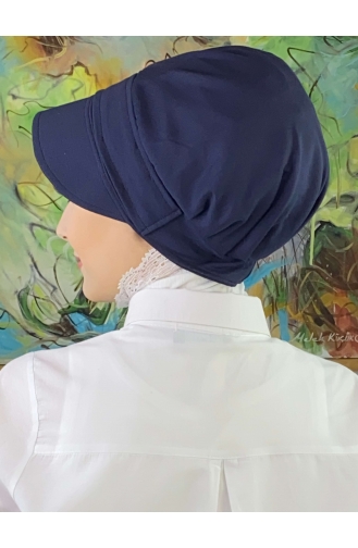 Tokalı Düz Beyaz Tesettür Şapka SBT26SPK6-04 Beyaz Lacivert
