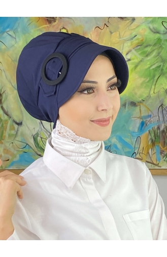 Tokalı Düz Beyaz Tesettür Şapka SBT26SPK6-04 Beyaz Lacivert