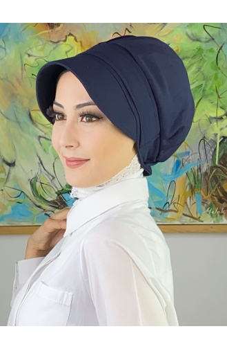 Tokalı Düz Beyaz Tesettür Şapka SBT26SPK6-04 Beyaz Lacivert