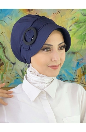 Tokalı Düz Beyaz Tesettür Şapka SBT26SPK6-04 Beyaz Lacivert