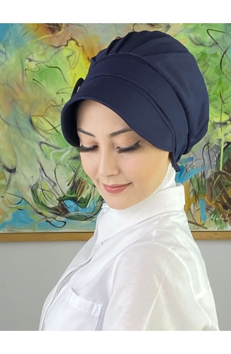 Tokalı Düz Beyaz Tesettür Şapka SBT26SPK6-04 Beyaz Lacivert