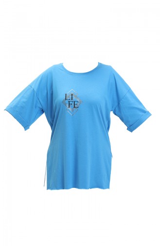 Baskılı Pamuklu Tshirt 20011-05 Mavi