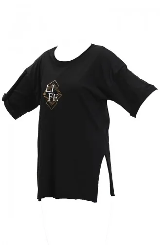 T-shirt en Coton Imprimé 20011-06 Noir 20011-06