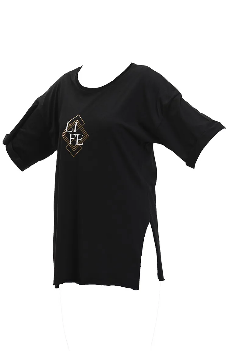 T-shirt en Coton Imprimé 20011-06 Noir 20011-06