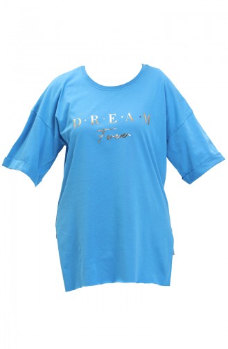 Baskılı Pamuklu Tshirt 20012-06 Mavi