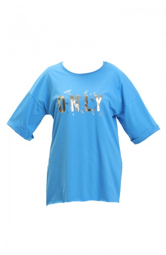 Baskılı Pamuklu Tshirt 20013-06 Mavi