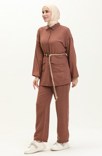 Belt Detailed Two Piece Suit 70030-07 Brown 70030-07