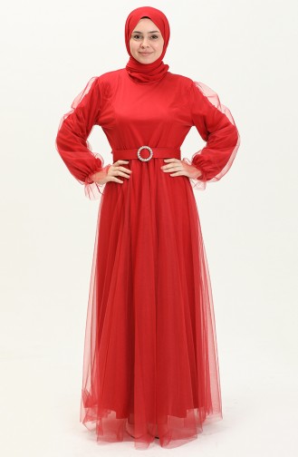 Kuplu Tül Abiye Elbise 2454-03 Bordo