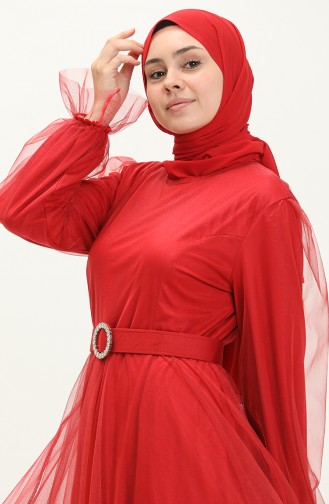 Kuplu Tül Abiye Elbise 2454-03 Bordo
