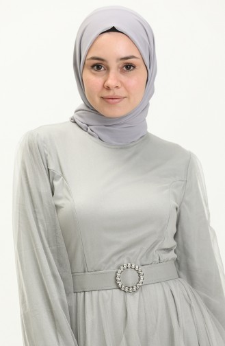 Kuplu Tül Abiye Elbise 2454-08 Gri
