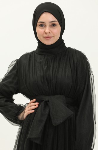 Eteği Büzgülü Tül Abiye Elbise 2456-01 Siyah