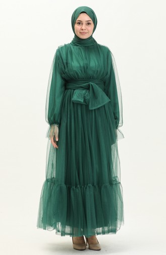 Robe de Soirée en Tulle avec Lupe Plissée 2456-02 Vert Emeraude 2456-02