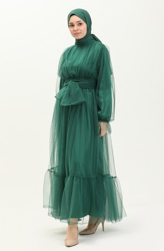 Robe de Soirée en Tulle avec Lupe Plissée 2456-02 Vert Emeraude 2456-02