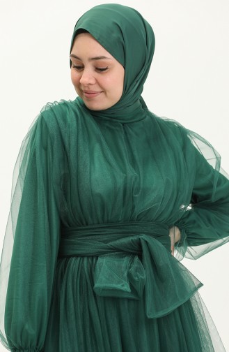 Eteği Büzgülü Tül Abiye Elbise 2456-02 Zümrüt Yeşili