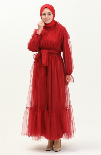 فستان سهرة بتصميم حزام 2456-05  أحمر غامق 2456-05