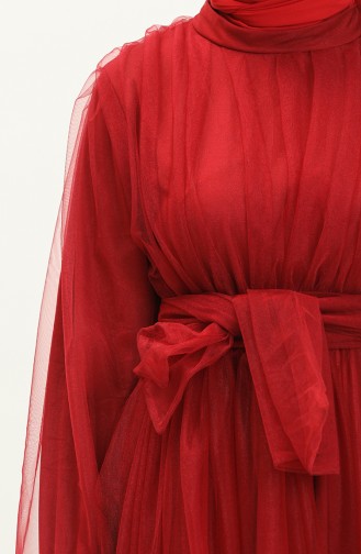 فستان سهرة بتصميم حزام 2456-05  أحمر غامق 2456-05