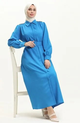 Robe Ceinturée avec Pierres sur L épaule 4329-01 İndigo 4329-01