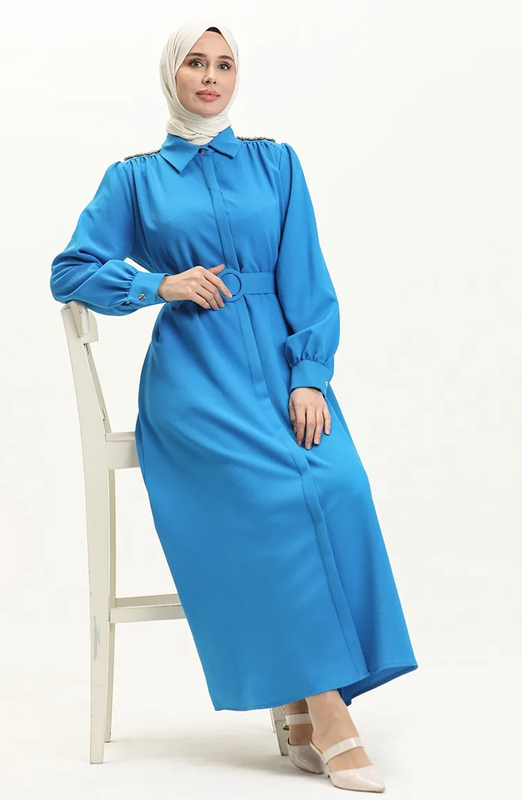 Robe Ceinturée avec Pierres sur L épaule 4329-01 İndigo 4329-01