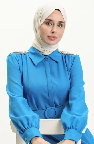 Robe Ceinturée avec Pierres sur L épaule 4329-01 İndigo 4329-01