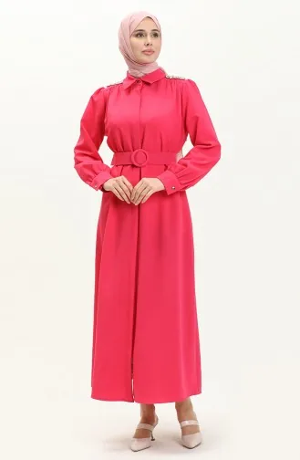 Robe Ceinturée avec Pierres sur L épaule 4329-02 Fushia 4329-02