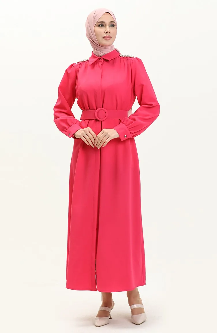Robe Ceinturée avec Pierres sur L épaule 4329-02 Fushia 4329-02