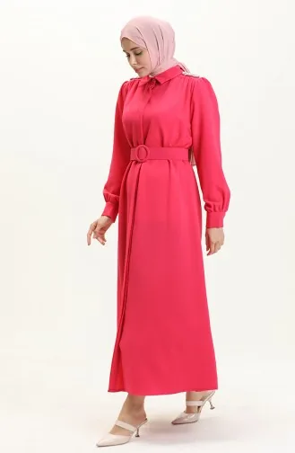Robe Ceinturée avec Pierres sur L épaule 4329-02 Fushia 4329-02