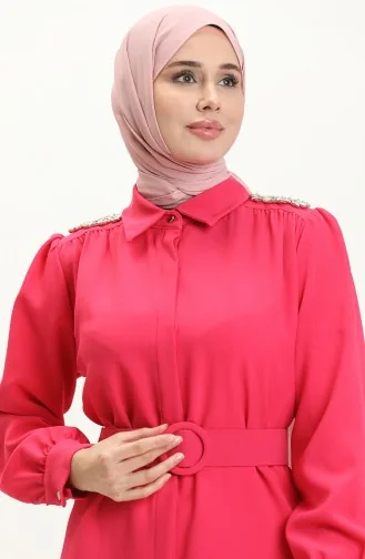 Robe Ceinturée avec Pierres sur L épaule 4329-02 Fushia 4329-02
