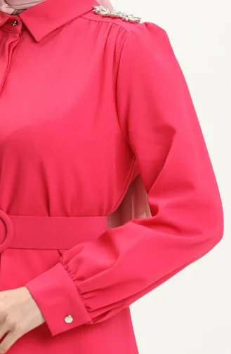 Robe Ceinturée avec Pierres sur L épaule 4329-02 Fushia 4329-02