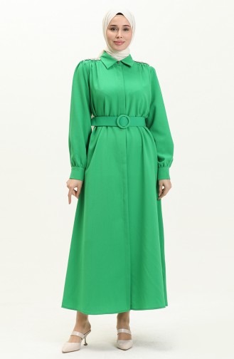 Omuzu Taşlı Kemerli Elbise 4329-03 Yeşil