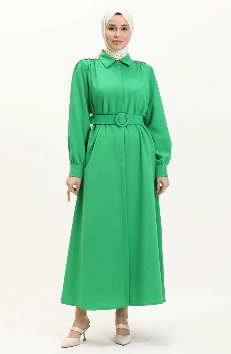 Robe Ceinturée avec Pierres sur L épaule 4329-03 Vert 4329-03
