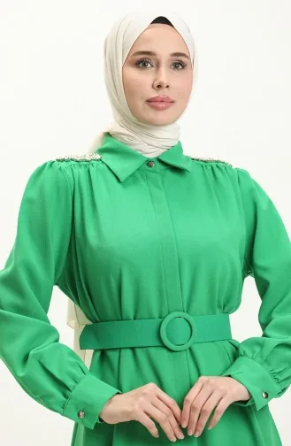 Robe Ceinturée avec Pierres sur L épaule 4329-03 Vert 4329-03