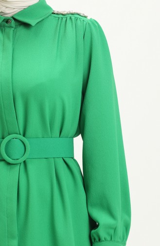 Omuzu Taşlı Kemerli Elbise 4329-03 Yeşil