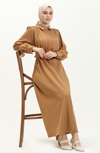 Stoned Shoulder Belted Dress 4329-04 Milk Coffee 4329-04