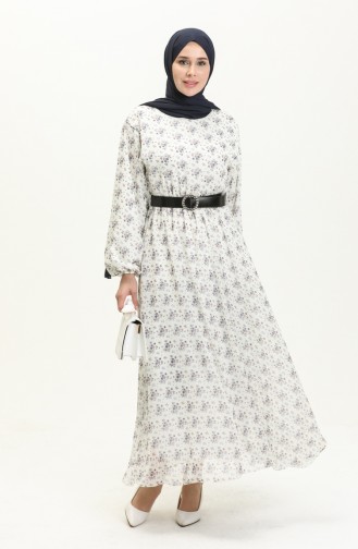 Floral Print Belted Dress 4338-02 Ecru Navy Blue 4338-02