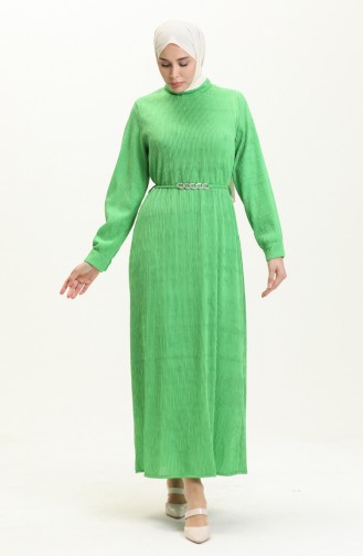 Piliseli Kemerli Elbise 4339-03 Yeşil