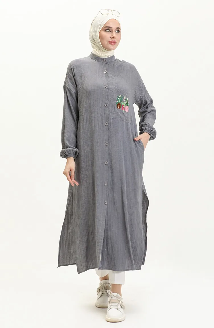 Nakışlı Uzun Tunik 24Y8932-03 Gri