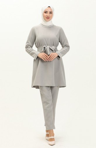 Pearl Detailed Two Piece Suit 70005-01 Gray 70005-01