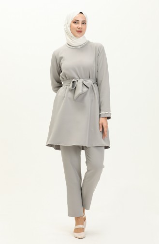 Pearl Detailed Two Piece Suit 70005-01 Gray 70005-01