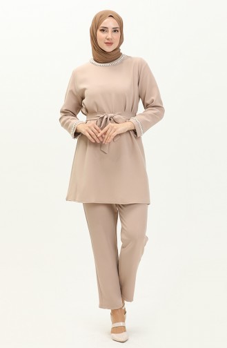 Pearl Detailed Two Piece Suit 70005-02 Beige 70005-02