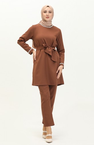 Pearl Detailed Two Piece Suit 70005-03 Brown 70005-03
